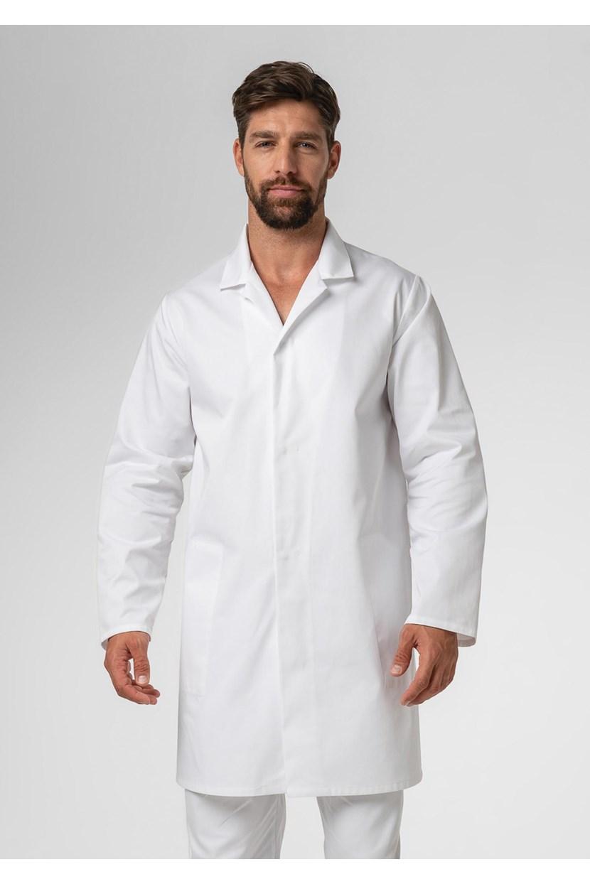 Man wearing a long white dust coat with a notch collar