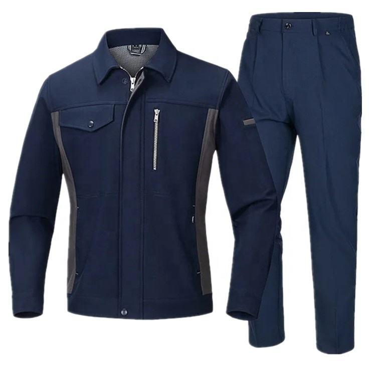 Navy two-piece work suit jacket and trousers with grey side panels