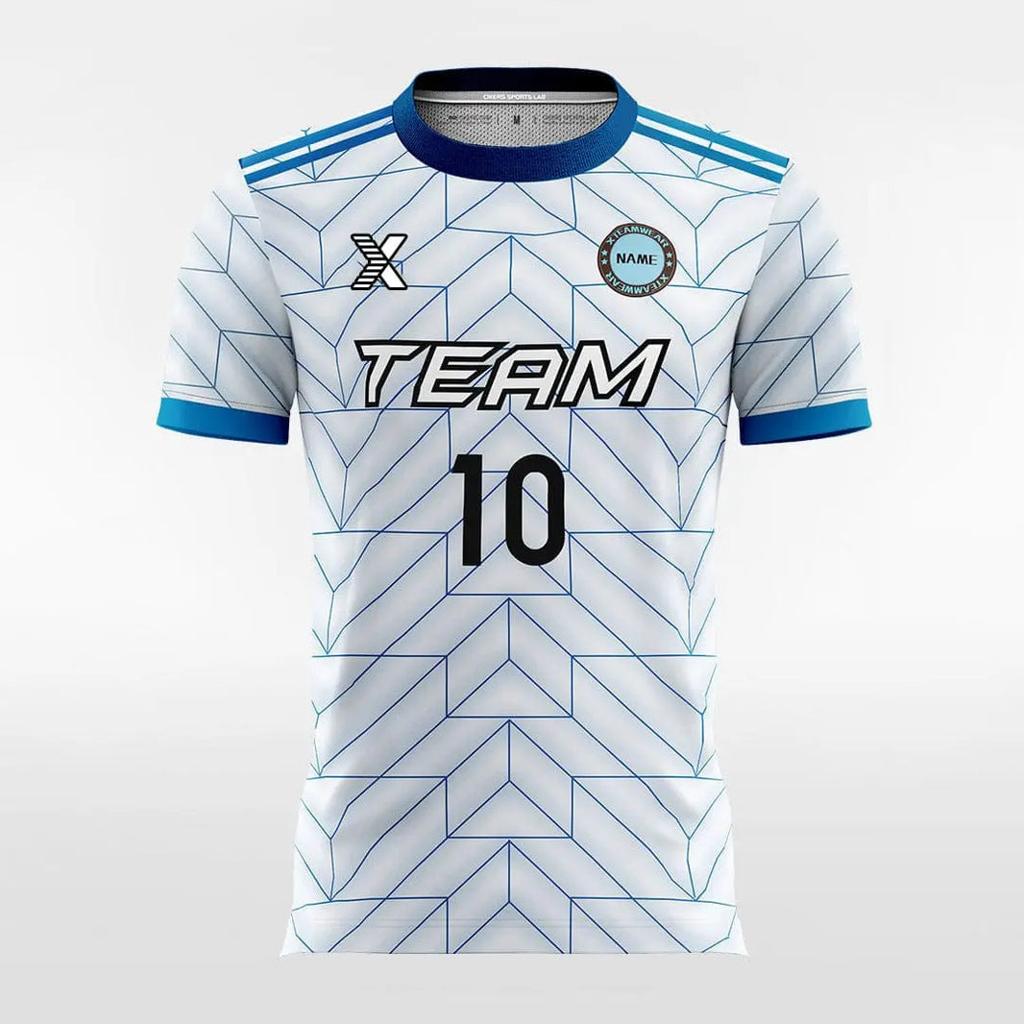 White and blue soccer jersey printed with a team name and the number 10