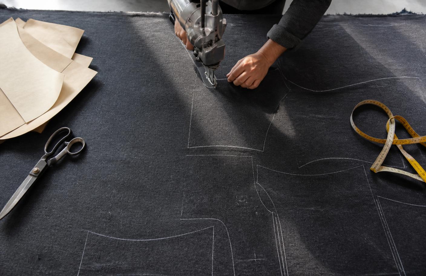 Cutter guiding a blade through charcoal fleece marked with chalked pattern pieces