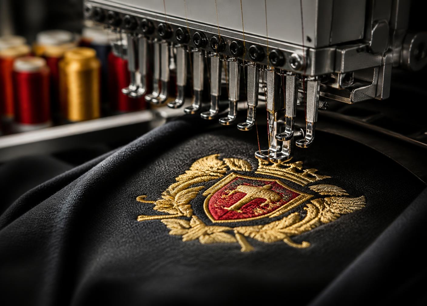 Embroidery machine stitching a gold and red club crest onto black fleece