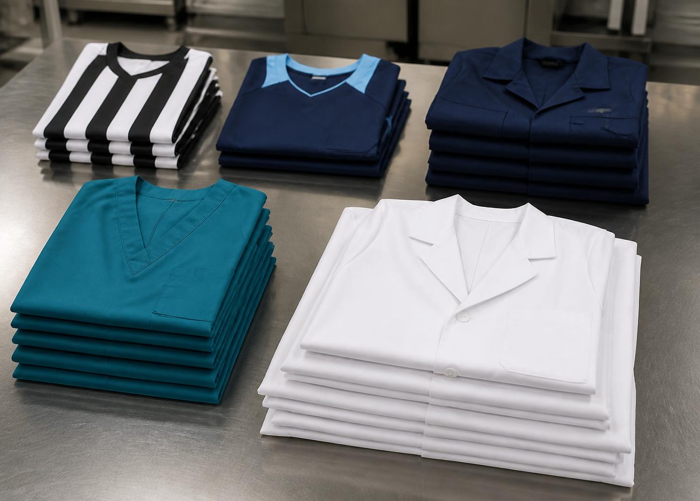 Pressed jerseys, navy work suits, teal scrubs and white dust coats stacked on a packing table