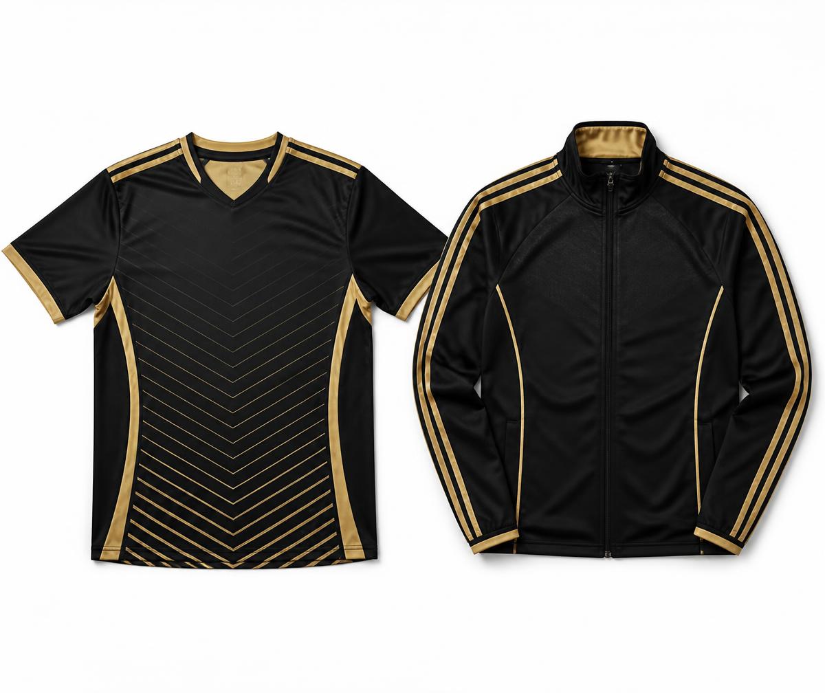 Black and gold tracksuit top photographed on a white background